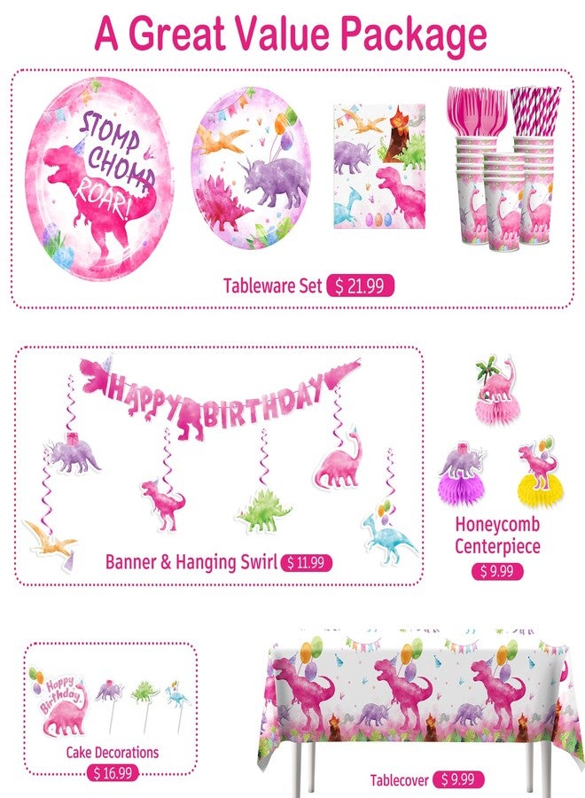 cocomigo 181pcs Pink Dinosaur Birthday Decorations Tableware Set, Watercolor Party Supplies with Banner Plates Cups Tablecloth for Girls Dinosaur Birthday Decorations, Serve 25 - Image 3