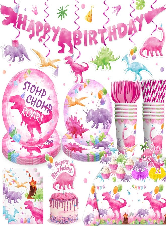cocomigo 181pcs Pink Dinosaur Birthday Decorations Tableware Set, Watercolor Party Supplies with Banner Plates Cups Tablecloth for Girls Dinosaur Birthday Decorations, Serve 25 - Image 1