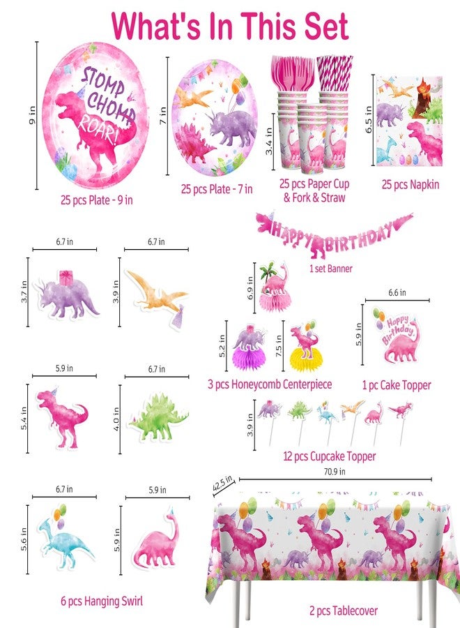 cocomigo 181pcs Pink Dinosaur Birthday Decorations Tableware Set, Watercolor Party Supplies with Banner Plates Cups Tablecloth for Girls Dinosaur Birthday Decorations, Serve 25 - Image 2
