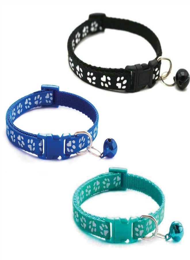 Litvibes Cat Collars Set of 3 with Bell,Kitten & Small Dogs Soft Adjustable Collar Safe,Solid & Protection Breakaway for Cats & Puppies,Cute Kitty with Paw Print-(Turquoise,Black,Dark Blue) - Image 1