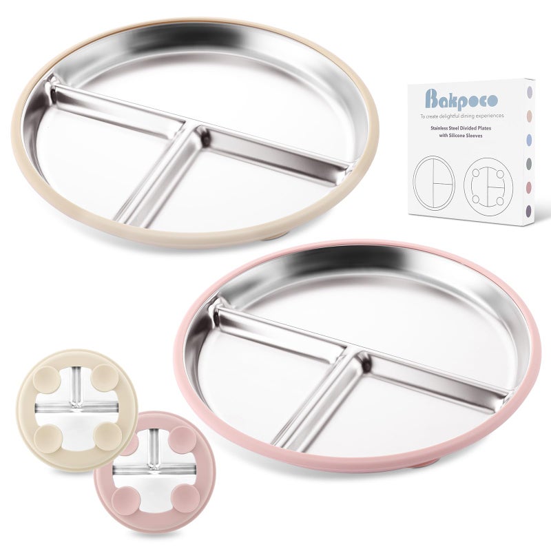 Bakpoco Stainless Steel Baby Plate with Suction, 9â€ Divided Toddler Plates with Removable Silicone Sleeves for Kids, Non-Toxic Non-Slip Unbreakable Dishwasher Safe Dinnerware Set of 2, Pink & Beige - Image 1