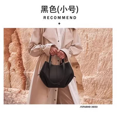 French Leather Tote Large Capacity Wrinkle Design Black trumpet 