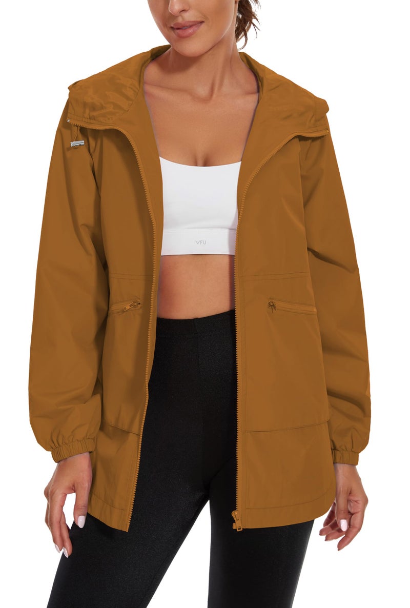 PESION Women's Packable Brown Rain Jacket Plus Size Long Raincoat Lightweight Hooded Windbreaker Waterproof Jackets with Pockets, Caramel, Large - Image 2