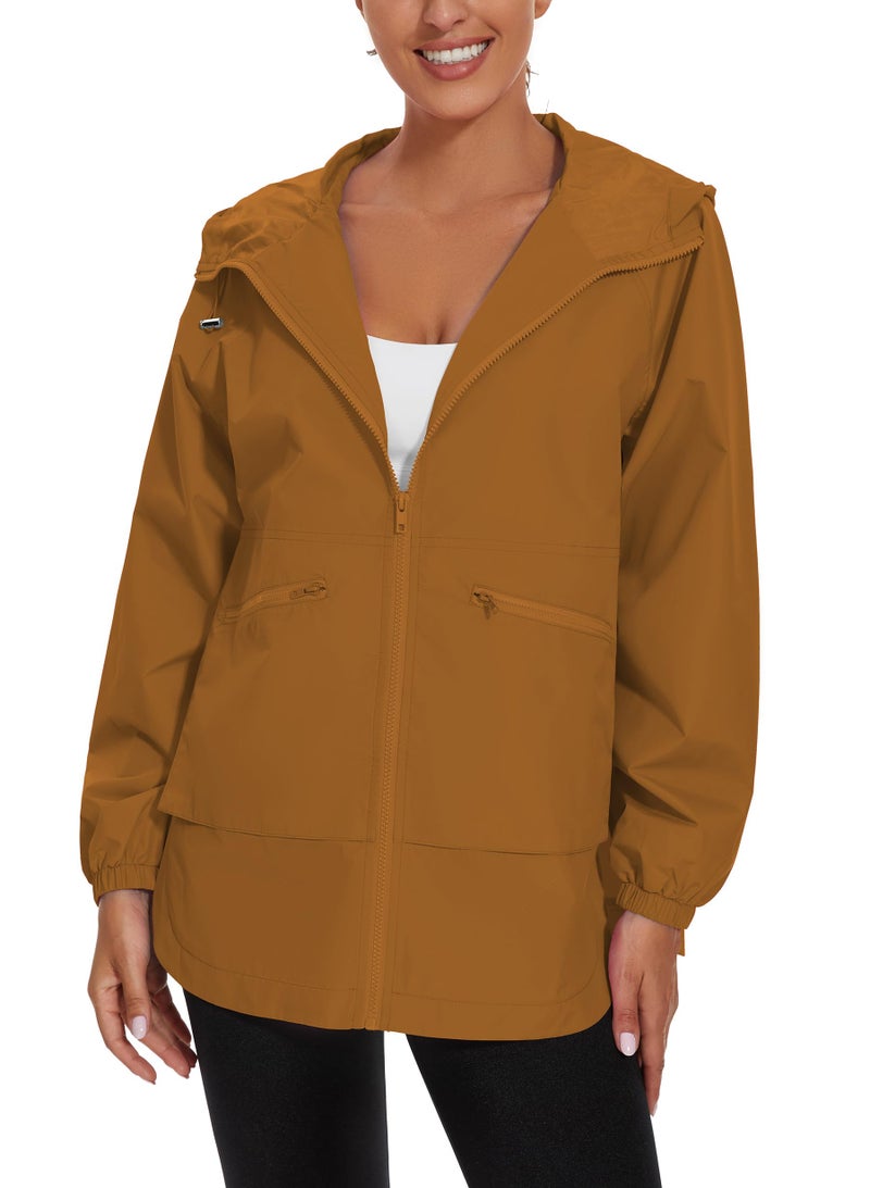 PESION Women's Packable Brown Rain Jacket Plus Size Long Raincoat Lightweight Hooded Windbreaker Waterproof Jackets with Pockets, Caramel, Large - Image 3