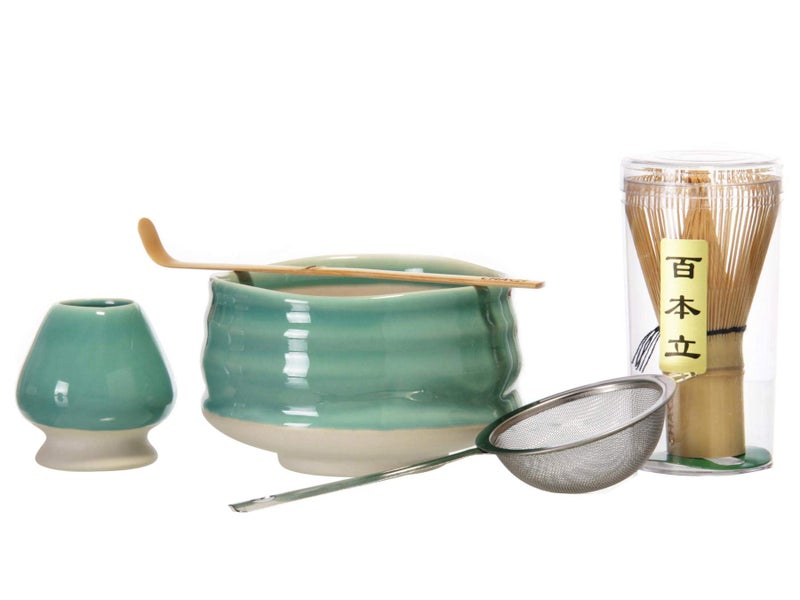 CHAQI Matcha Accessories Kit Include 5 items-100 Prongs Bamboo Whisk Chasen,Bamboo Scoop,Stainless Steel Tea Sifter and Ceramic Matcha Bowl & Whisk Holder (Cyan) - Image 1