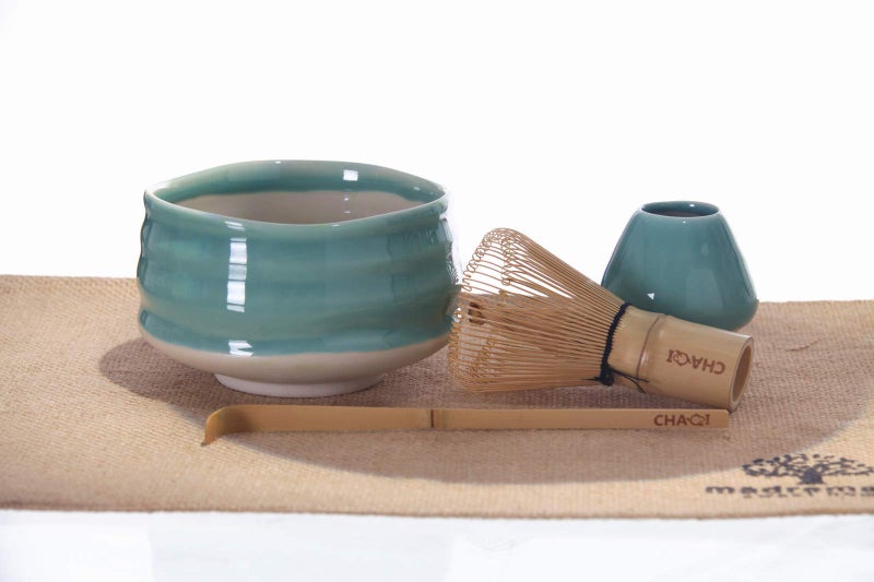 CHAQI Matcha Accessories Kit Include 5 items-100 Prongs Bamboo Whisk Chasen,Bamboo Scoop,Stainless Steel Tea Sifter and Ceramic Matcha Bowl & Whisk Holder (Cyan) - Image 3