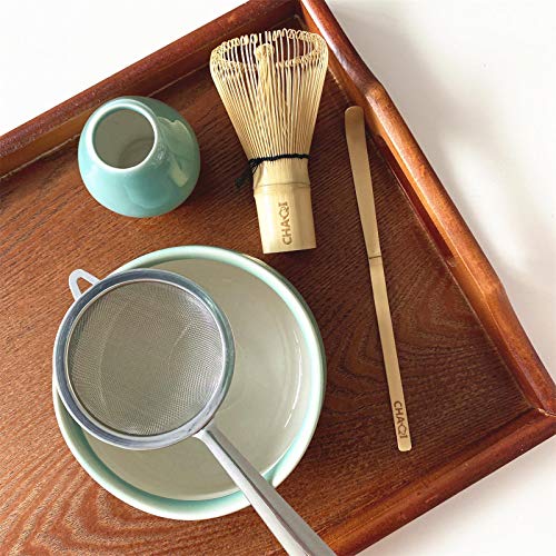 CHAQI Matcha Accessories Kit Include 5 items-100 Prongs Bamboo Whisk Chasen,Bamboo Scoop,Stainless Steel Tea Sifter and Ceramic Matcha Bowl & Whisk Holder (Cyan) - Image 4