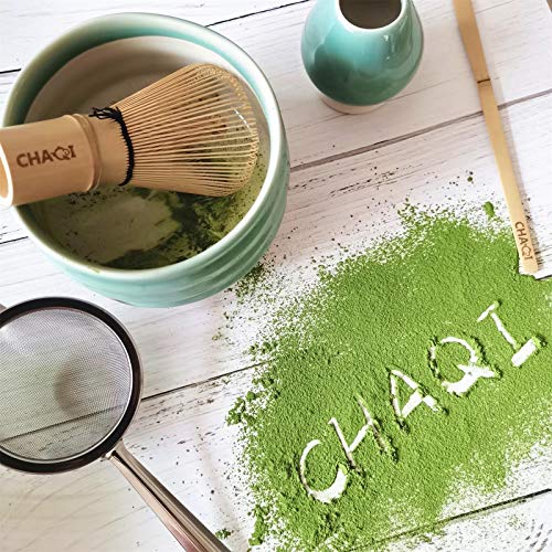 CHAQI Matcha Accessories Kit Include 5 items-100 Prongs Bamboo Whisk Chasen,Bamboo Scoop,Stainless Steel Tea Sifter and Ceramic Matcha Bowl & Whisk Holder (Cyan) - Image 5