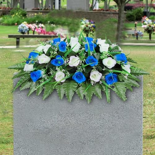 LVXINLI Artificial Cemetery Flower-Outdoor Grave Saddle Headstone Decorations,Blue and White Rose Memorial Day Flowers for gravesite (Blue and White)… - Image 1