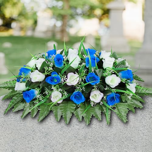 LVXINLI Artificial Cemetery Flower-Outdoor Grave Saddle Headstone Decorations,Blue and White Rose Memorial Day Flowers for gravesite (Blue and White)… - Image 3