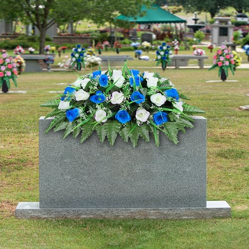 LVXINLI Artificial Cemetery Flower-Outdoor Grave Saddle Headstone Decorations,Blue and White Rose Memorial Day Flowers for gravesite (Blue and White)… - Image 2