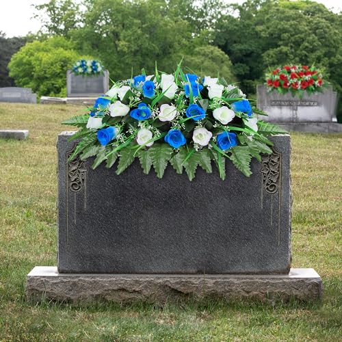 LVXINLI Artificial Cemetery Flower-Outdoor Grave Saddle Headstone Decorations,Blue and White Rose Memorial Day Flowers for gravesite (Blue and White)… - Image 4