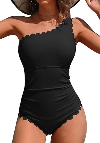 Charmo One Piece Swimsuit One Shoulder Bathing Suit for Women Ribbed Swim Suit Scalloped Slimming Elder Swimwear Full Coverage Black L - Image 1