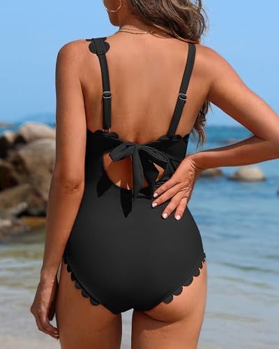 Charmo One Piece Swimsuit One Shoulder Bathing Suit for Women Ribbed Swim Suit Scalloped Slimming Elder Swimwear Full Coverage Black L - Image 3