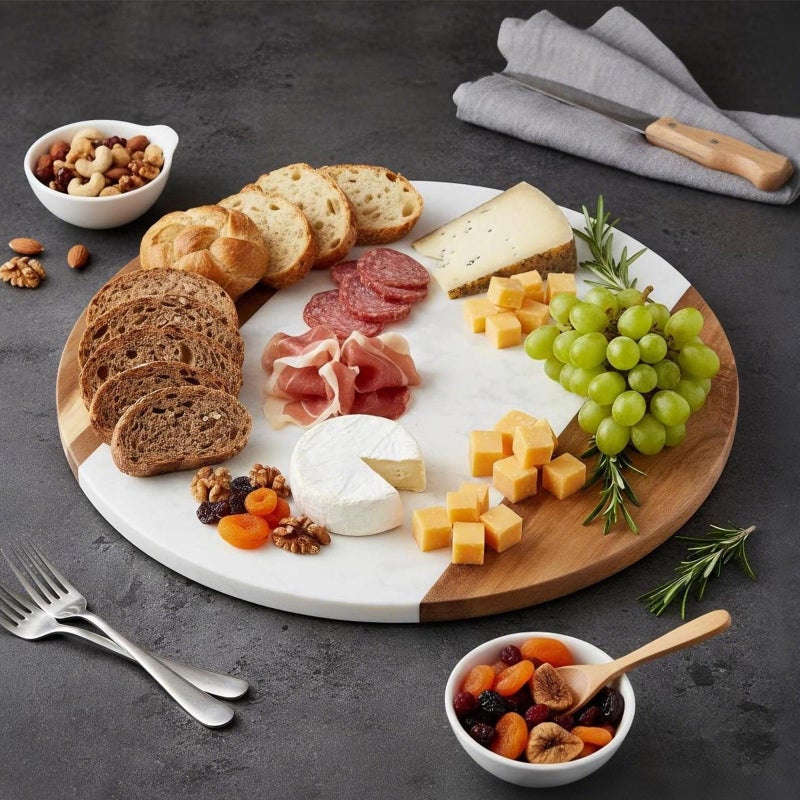 Okllen 12" Marble Cheese Board and Acacia Wood Serving Board, Handcrafted Round Marble Tray Cutting Board for Cheese, Charcuterie, Meat, Fruit - Image 5