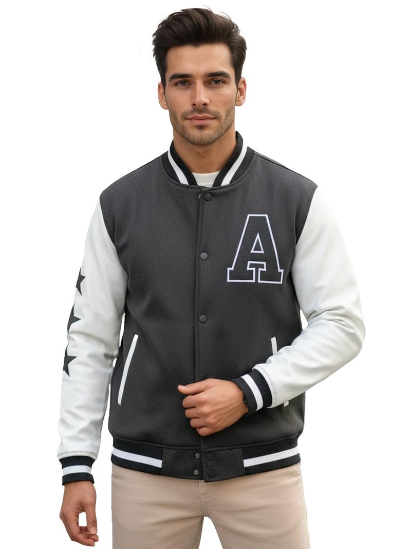 CHKOKKO Men’s Regular Varsity Jacket with Snap Button Closure and Patch Design Trendy Comfortable Outerwear for College Travel and Casual Wear Grey White S - Image 2
