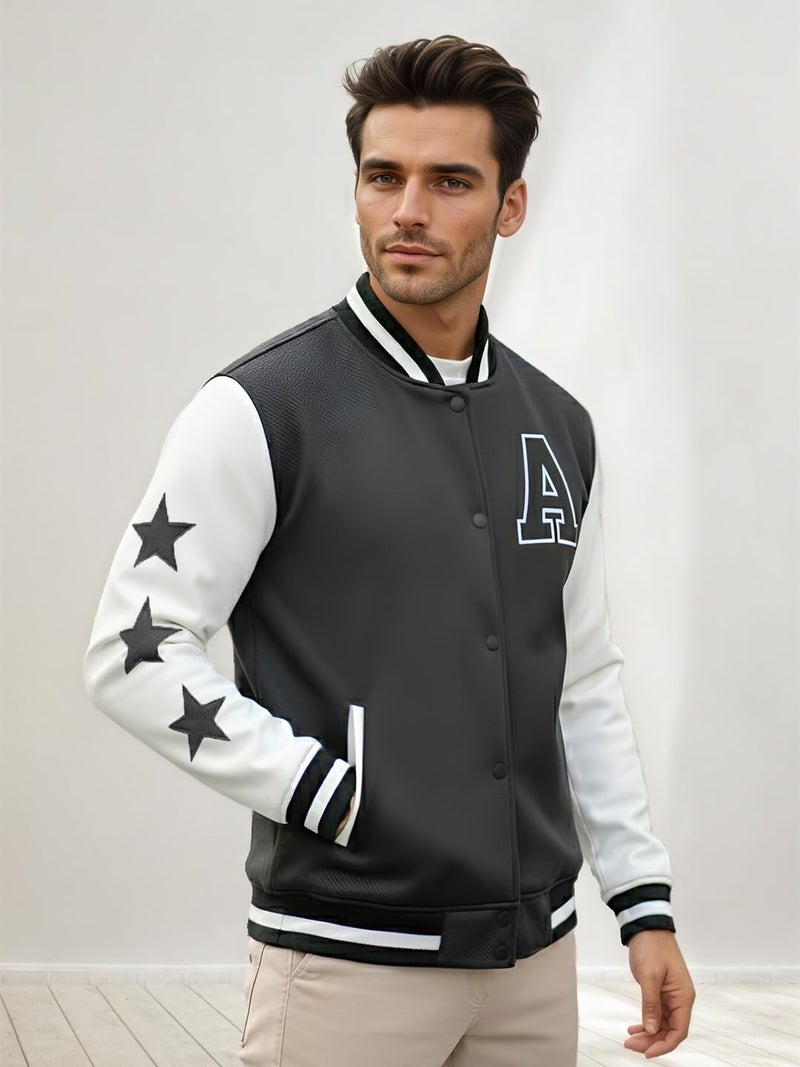 CHKOKKO Men’s Regular Varsity Jacket with Snap Button Closure and Patch Design Trendy Comfortable Outerwear for College Travel and Casual Wear Grey White S - Image 4