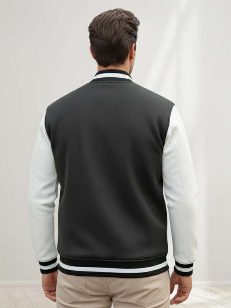 CHKOKKO Men’s Regular Varsity Jacket with Snap Button Closure and Patch Design Trendy Comfortable Outerwear for College Travel and Casual Wear Grey White S - Image 3