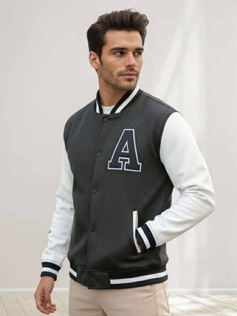 CHKOKKO Men’s Regular Varsity Jacket with Snap Button Closure and Patch Design Trendy Comfortable Outerwear for College Travel and Casual Wear Grey White S - Image 5
