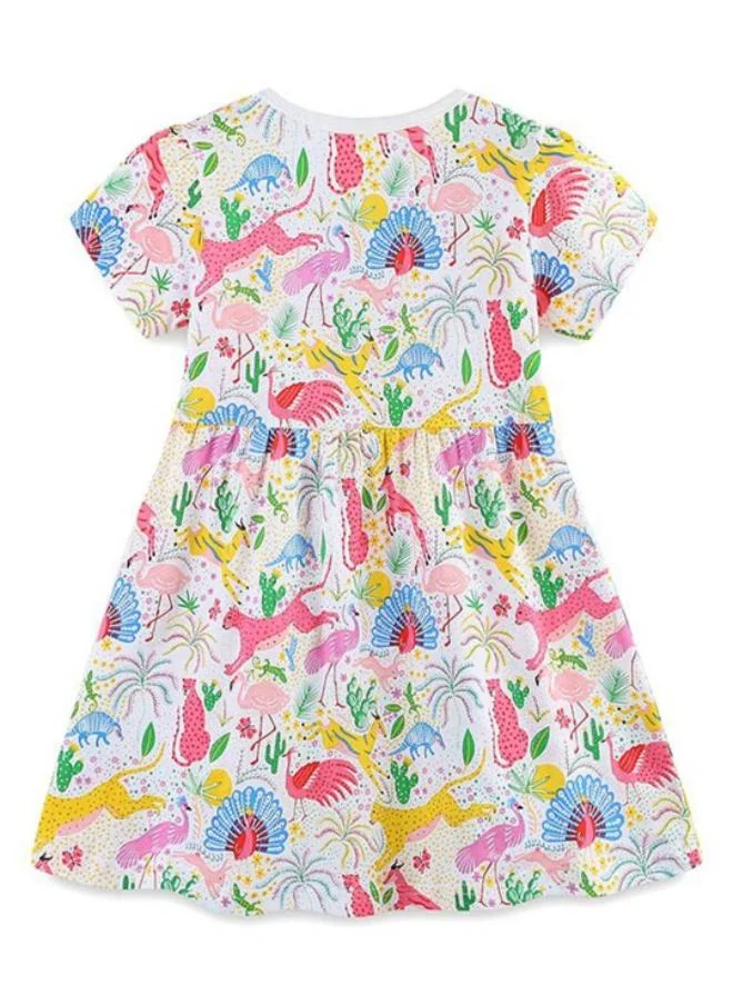 YUNIQEE White Fit & Flare Crew Neck Printed Dress