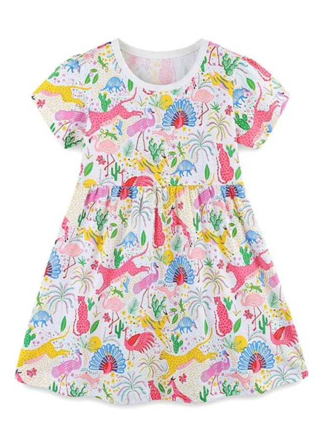YUNIQEE White Fit & Flare Crew Neck Printed Dress