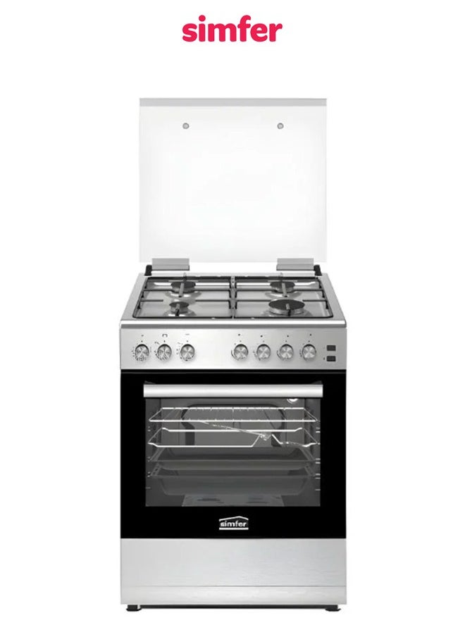Simfer 4 Burners Gas Cooker, 60x60 cm, Full Safety, Timer, Self Ignition,  Turkish, Self-igniting Oven, Steel | F6402SGRIM-SMF01  - Image 1