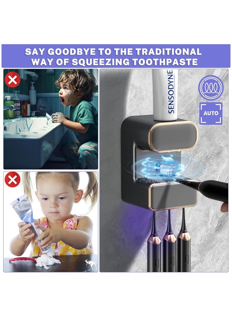 موزع معجون أسنان أوتوماتيكي مع خاصية التعقيم، حامل فرشاة أسنان كهربائي مثبت على الحائط مع 3 فتحات، موزع معجون أسنان للأطفال والكبار، رمادي - Image 2