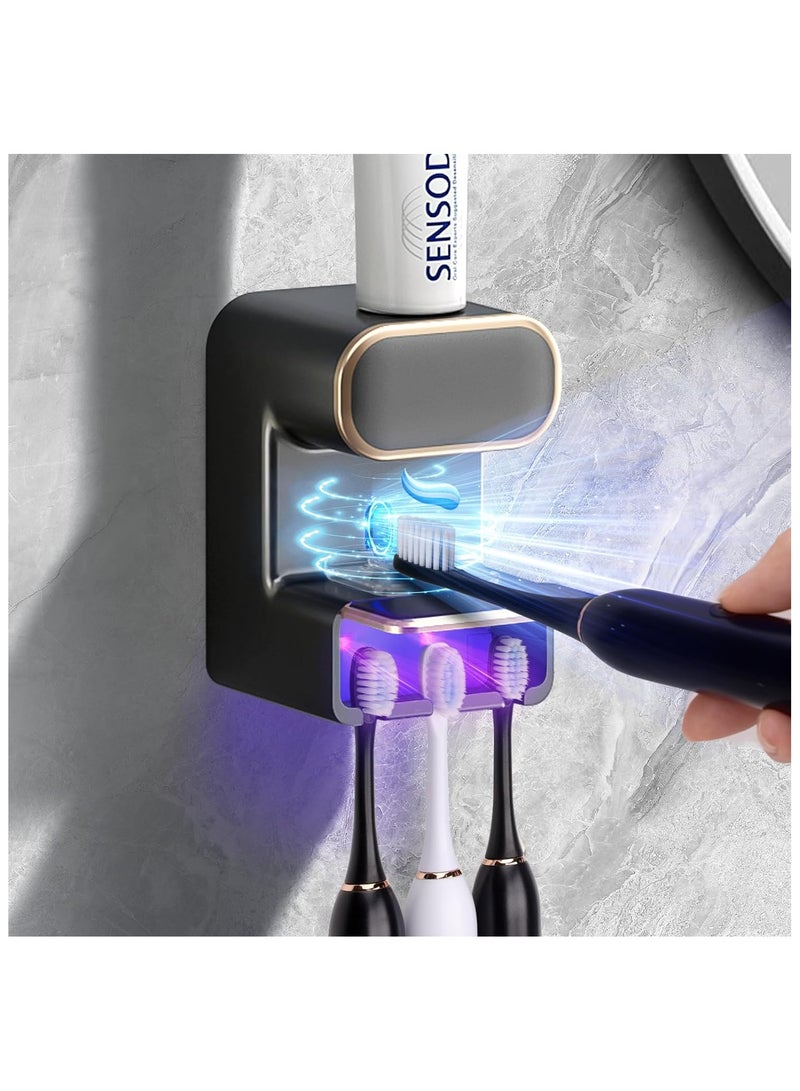 موزع معجون أسنان أوتوماتيكي مع خاصية التعقيم، حامل فرشاة أسنان كهربائي مثبت على الحائط مع 3 فتحات، موزع معجون أسنان للأطفال والكبار، رمادي - Image 1