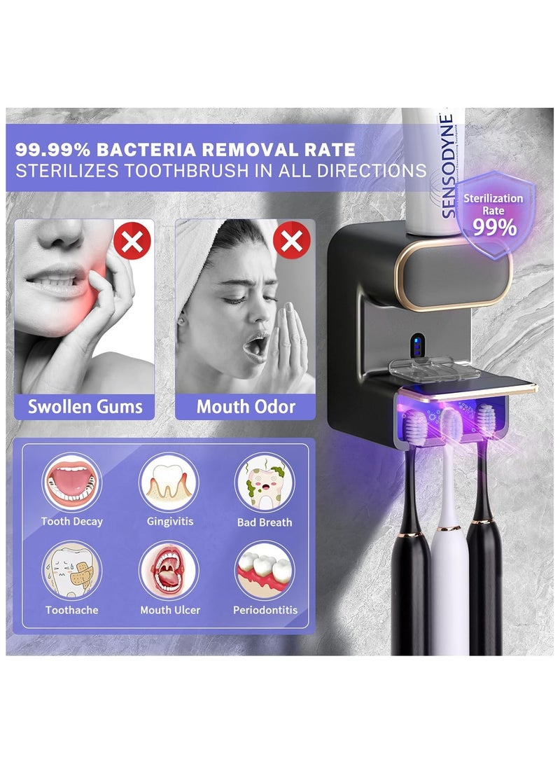 موزع معجون أسنان أوتوماتيكي مع خاصية التعقيم، حامل فرشاة أسنان كهربائي مثبت على الحائط مع 3 فتحات، موزع معجون أسنان للأطفال والكبار، رمادي - Image 3