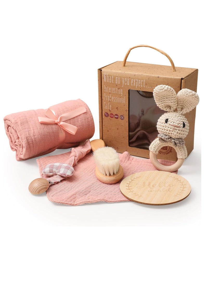Beauenty - WOODEN TEETHER Baby Gift Set for Newborn, for Girls & Boys - 6 PCS Newborn Baby Essentials Baby Bath Set with Baby Blanket Baby Rattle - New Born Baby Girls Gift & Baby Boy Gifts(Bunny-1) - Image 1
