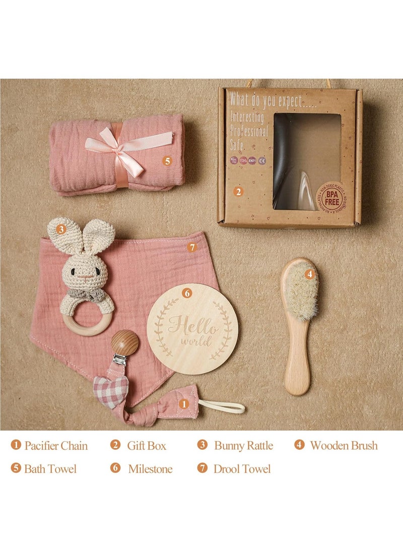 Beauenty - WOODEN TEETHER Baby Gift Set for Newborn, for Girls & Boys - 6 PCS Newborn Baby Essentials Baby Bath Set with Baby Blanket Baby Rattle - New Born Baby Girls Gift & Baby Boy Gifts(Bunny-1) - Image 1