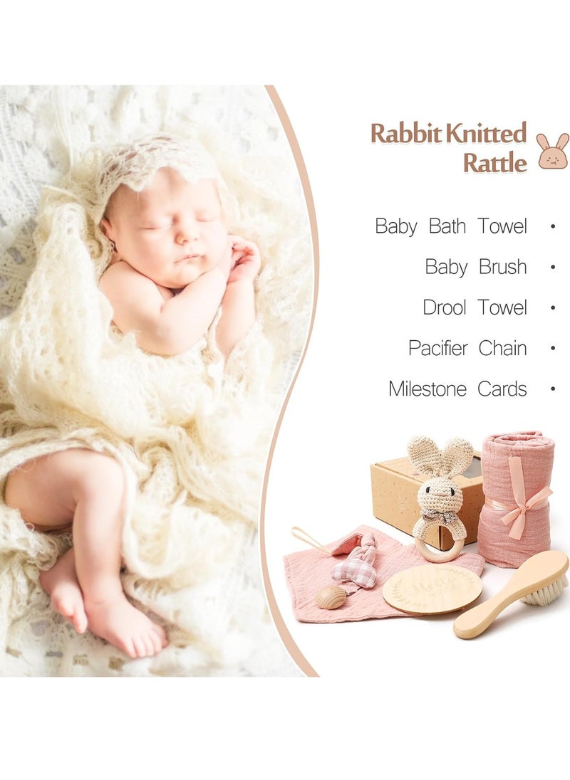 Beauenty - WOODEN TEETHER Baby Gift Set for Newborn, for Girls & Boys - 6 PCS Newborn Baby Essentials Baby Bath Set with Baby Blanket Baby Rattle - New Born Baby Girls Gift & Baby Boy Gifts(Bunny-1) - Image 1