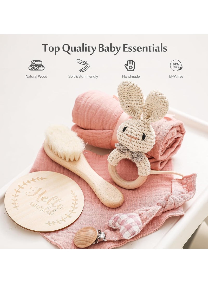 Beauenty - WOODEN TEETHER Baby Gift Set for Newborn, for Girls & Boys - 6 PCS Newborn Baby Essentials Baby Bath Set with Baby Blanket Baby Rattle - New Born Baby Girls Gift & Baby Boy Gifts(Bunny-1) - Image 1