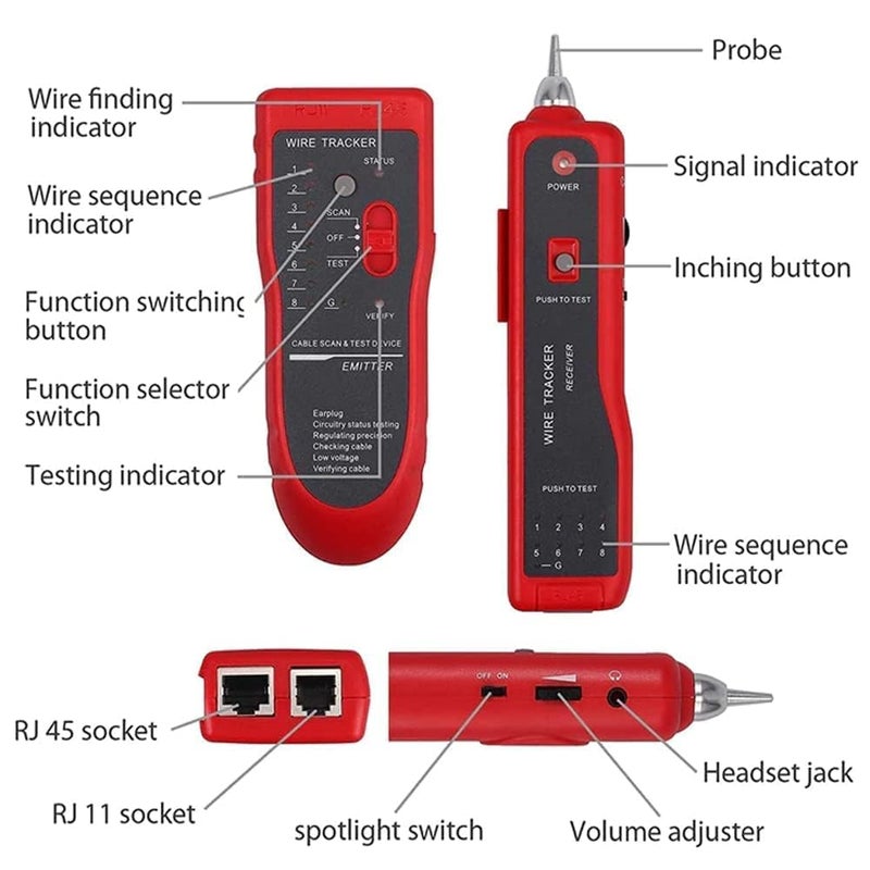 XIKKART Wire Tracker, Ethernet Network Cable Tester Kit RJ11 RJ45 CAT5/5e CAT6 LAN Wire Portable Line Finder With Passthrough Crimping Tool, Wire Stripper And Cutter,(Combo Kit) - Image 2