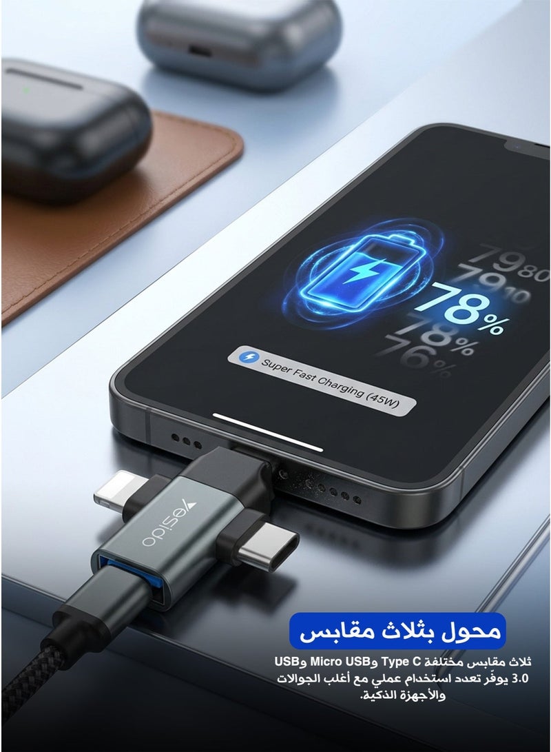 Yesido 3-in-1 OTG Adapter – Lightning / Micro USB / Type-C Connectors, USB 3.0 High-Speed Data Transfer, Plug & Play, Aluminum Alloy Casing, Universal Compatibility - Image 2