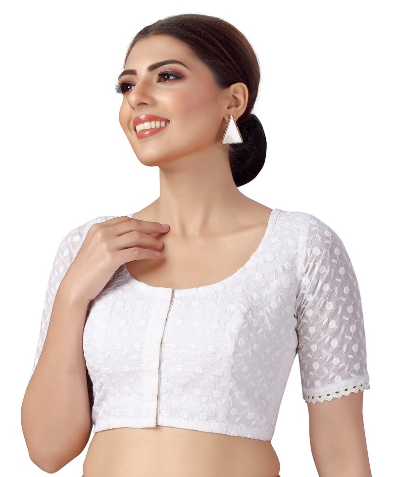 Studio Shringaar Women's Cotton Half Sleeves Chikankari Saree Blouse (38, White) - Image 4