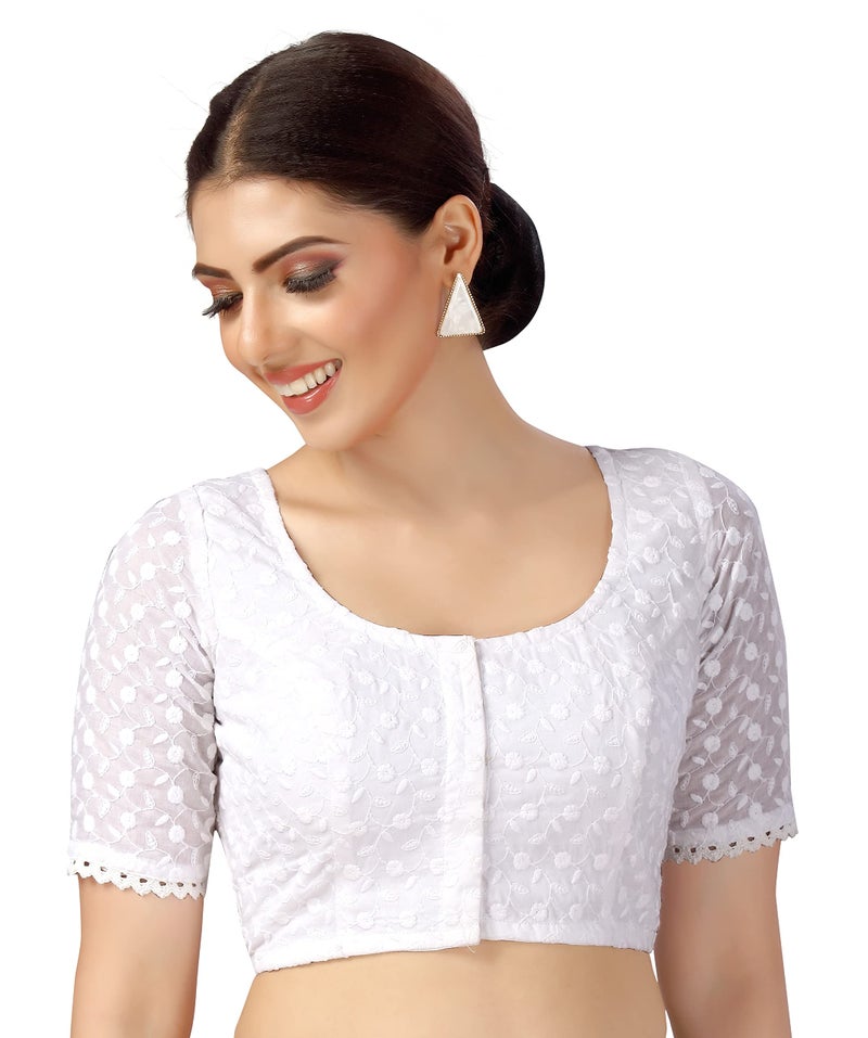 Studio Shringaar Women's Cotton Half Sleeves Chikankari Saree Blouse (38, White) - Image 3