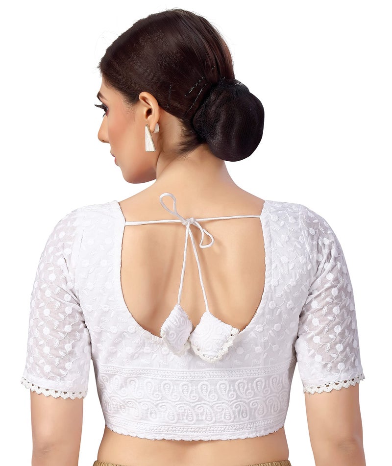 Studio Shringaar Women's Cotton Half Sleeves Chikankari Saree Blouse (38, White) - Image 2