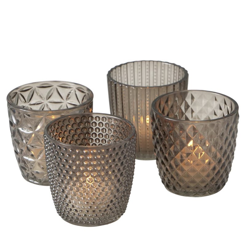 Boltze Marilu 2002930 Lantern Set of 4 Grey Decorative Glasses for CandlesTea LightsCandle Holder Diameter 8 cmVarious PatternsRound ShapeTea Light Holder