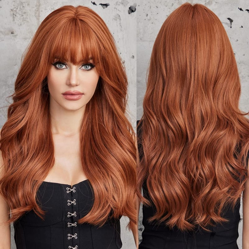 EMMOR Orange Brown Long Wigs for Women Natural Wavy wig with Bangs Heat Resistant Fiber Synthetic Wigs for Daily PartyStrawberry blonde