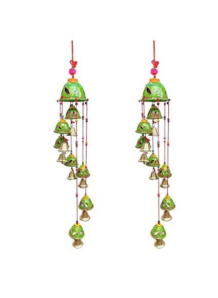 ADITYA IMPEX ADITYA IMPEX Handicraft rajasthane Wooden Colored Bells Desing Decorative showpice Wind Chimes for Home Balcony Garden Positive Energy Home Decor Hanging Long Bells 7 BellsSet of 2 Piece Green  - Image 1