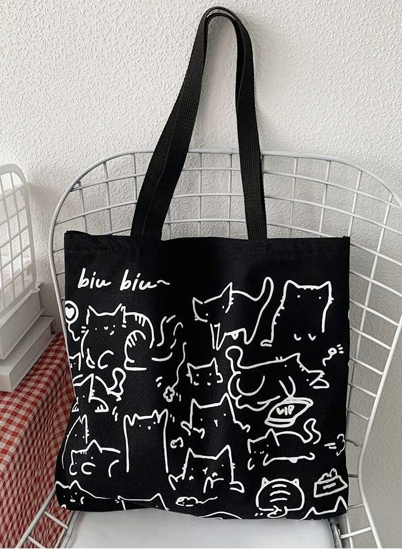 Excefore Cat Canvas Tote Bag, Large Cute Tote Bag for Women with Zip, Cotton Reusable Shopping Bag with Pocket, Shopper Bag Cat Lovers Gift - Image 2