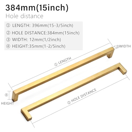 Redunest Cabinet Pulls Gold Cabinet Handles Square Drawer Pulls, 5 Pack 15 Inch Stainless Steel Kitchen Door Cupboard Cabinet Handles, Drawer Cabinet Hardware Handles, 384mm Hole Centers - Image 2