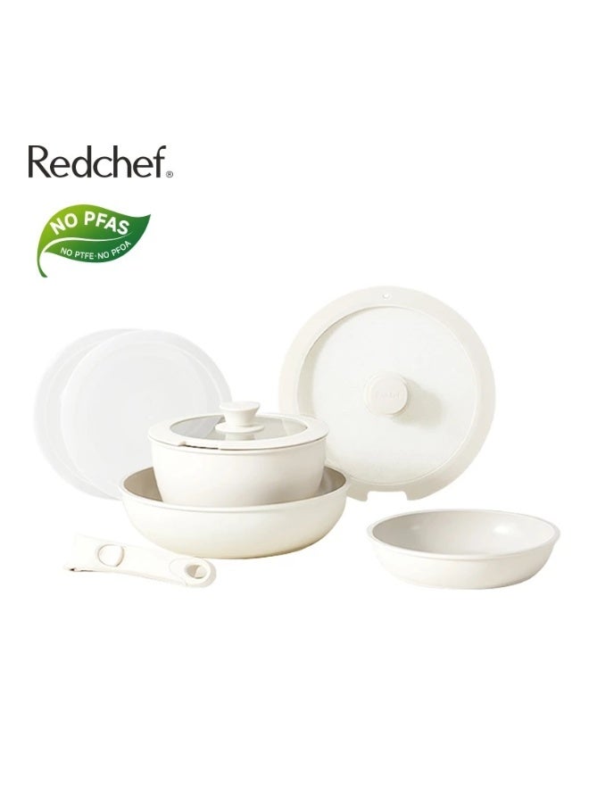 Redchef Nonstick Ceramic Rock Cookware Set Handle Removable (8Pcs) Non Toxic, PFAS& PTFE& PFOA Free Suitable for All Stoves(Gas, Electric & Induction)  (White) - Image 1