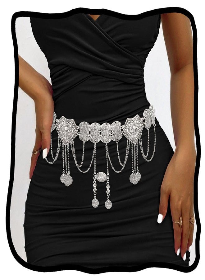 ووي حزام خصر من Woeoe، سلسلة معدنية ذهبية مزينة بزخارف كونشو، سلسلة للنساء، فستان، مجوهرات للبطن (فضي) - Image 1