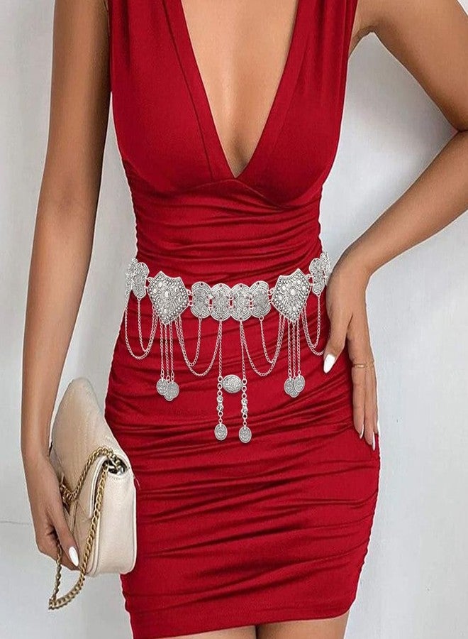 ووي حزام خصر من Woeoe، سلسلة معدنية ذهبية مزينة بزخارف كونشو، سلسلة للنساء، فستان، مجوهرات للبطن (فضي) - Image 3