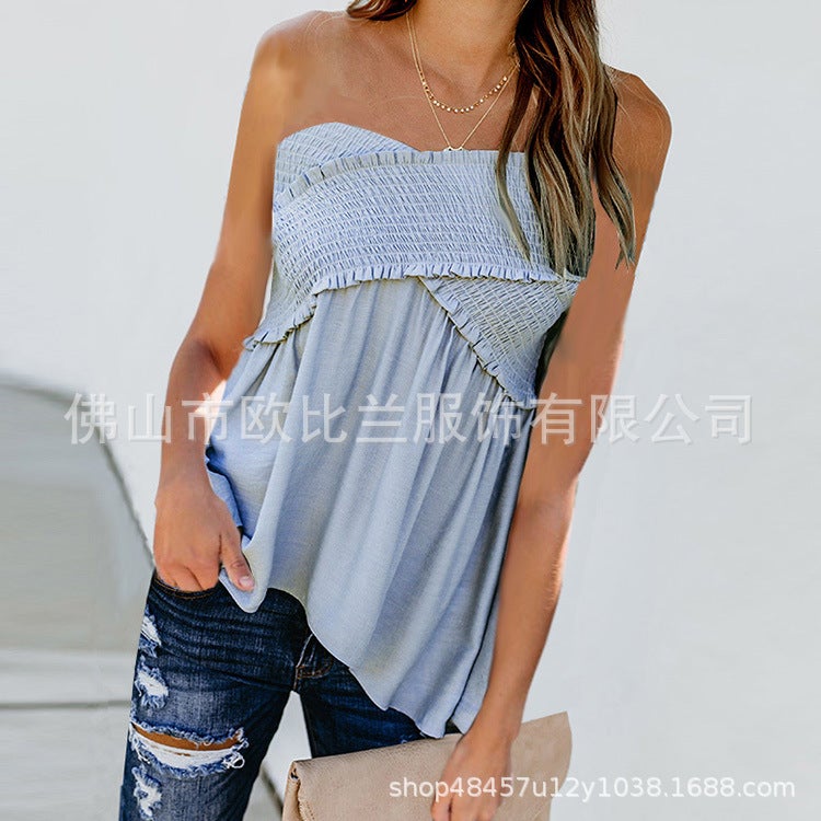 eBay hot style 2020 European and American lotus leaf temperament word collar tube top sleeveless T-shirt female summer AP0017 gray M - Image 4