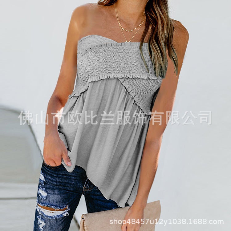 eBay hot style 2020 European and American lotus leaf temperament word collar tube top sleeveless T-shirt female summer AP0017 gray M - Image 1