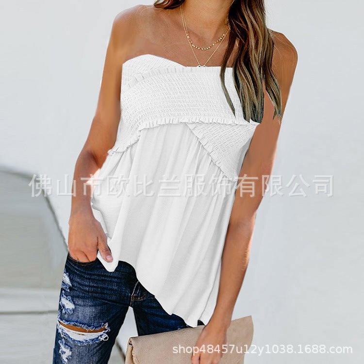 eBay hot style 2020 European and American lotus leaf temperament word collar tube top sleeveless T-shirt female summer AP0017 gray M - Image 3
