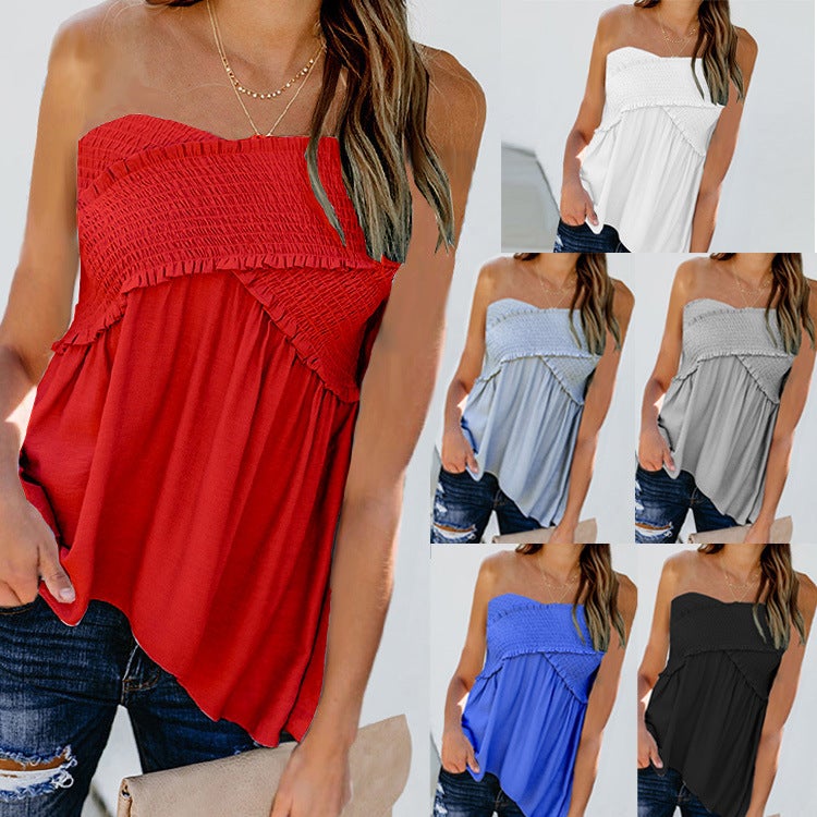 eBay hot style 2020 European and American lotus leaf temperament word collar tube top sleeveless T-shirt female summer AP0017 gray M - Image 2